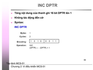 Chương 2: Vi điều khiển MCS-51
66
INC DPTR
 Tăng nội dung của thanh ghi 16 bit DPTR lên 1
 Không tác động đến cờ
 Syntax:
INC DPTR
Tập lệnh MCS-51
 