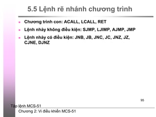 Chương 2: Vi điều khiển MCS-51
95
5.5 Lệnh rẽ nhánh chương trình
 Chương trình con: ACALL, LCALL, RET
 Lệnh nhảy không điều kiện: SJMP, LJIMP, AJMP, JMP
 Lệnh nhảy có điều kiện: JNB, JB, JNC, JC, JNZ, JZ,
CJNE, DJNZ
Tập lệnh MCS-51
 