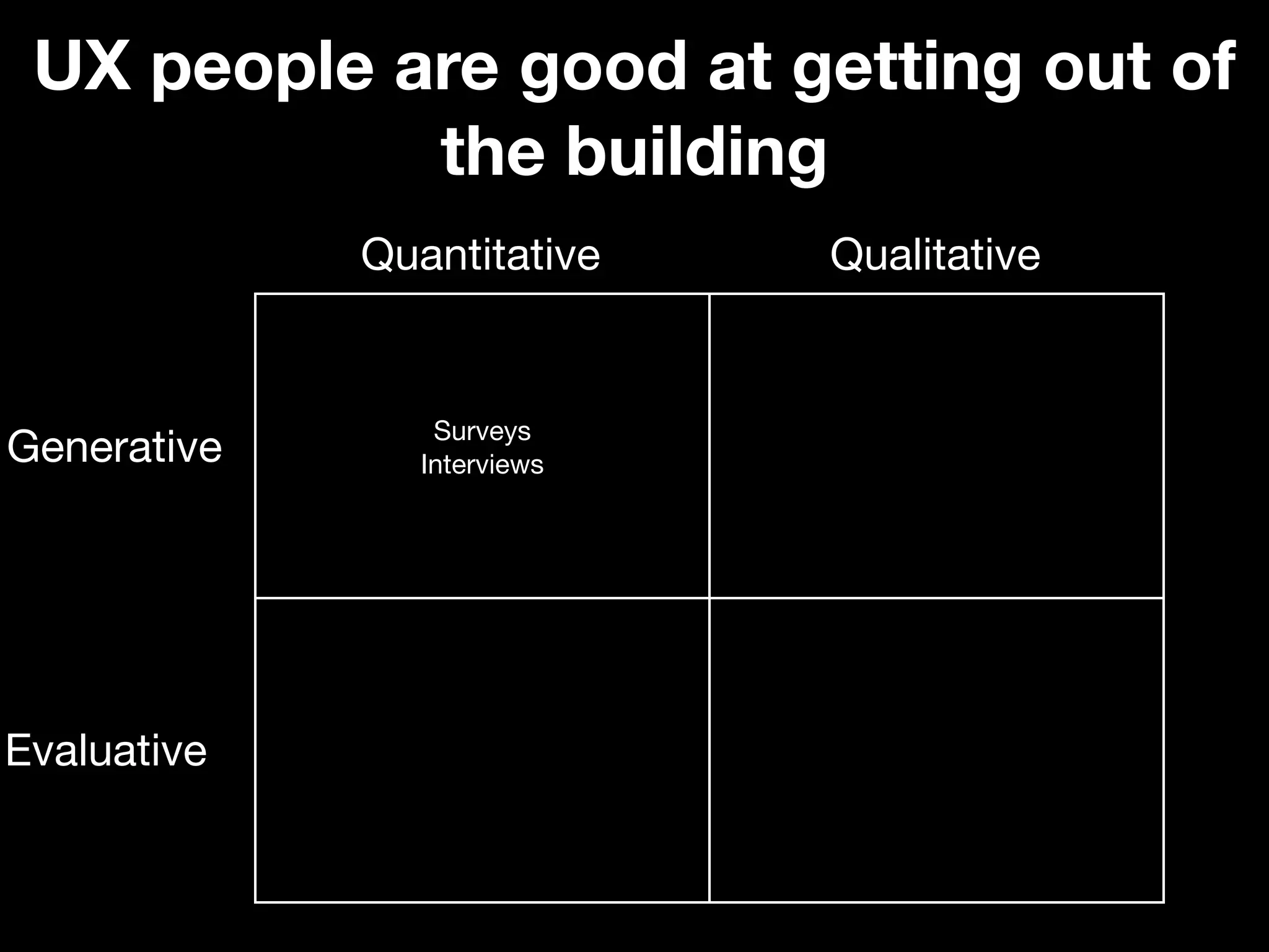 UX people are good at getting out of
            the building
                   Quantitative                          Qualitative

                                                          Depth Interviews
                                                         Contextual Inquiry
                         Surveys                            Ethnography
Generative              Interviews                          Diary Studies
                                                 Participatory Design (Co-creation)
                                                           Mental Models



                      Web Analytics
                   Multi-variant Testing                Usability Testing
                   Remote Card Sorting               Moderated Card Sorting
Evaluative      Clicktale / CrazyEgg (et al)          Wizard of Oz Testing
                      Treejack (et al)                 Desirability Toolkit
             Chalkmark / 5-Second Test (et al)               R.I.T.
                  Usertesting.com (et al)
 