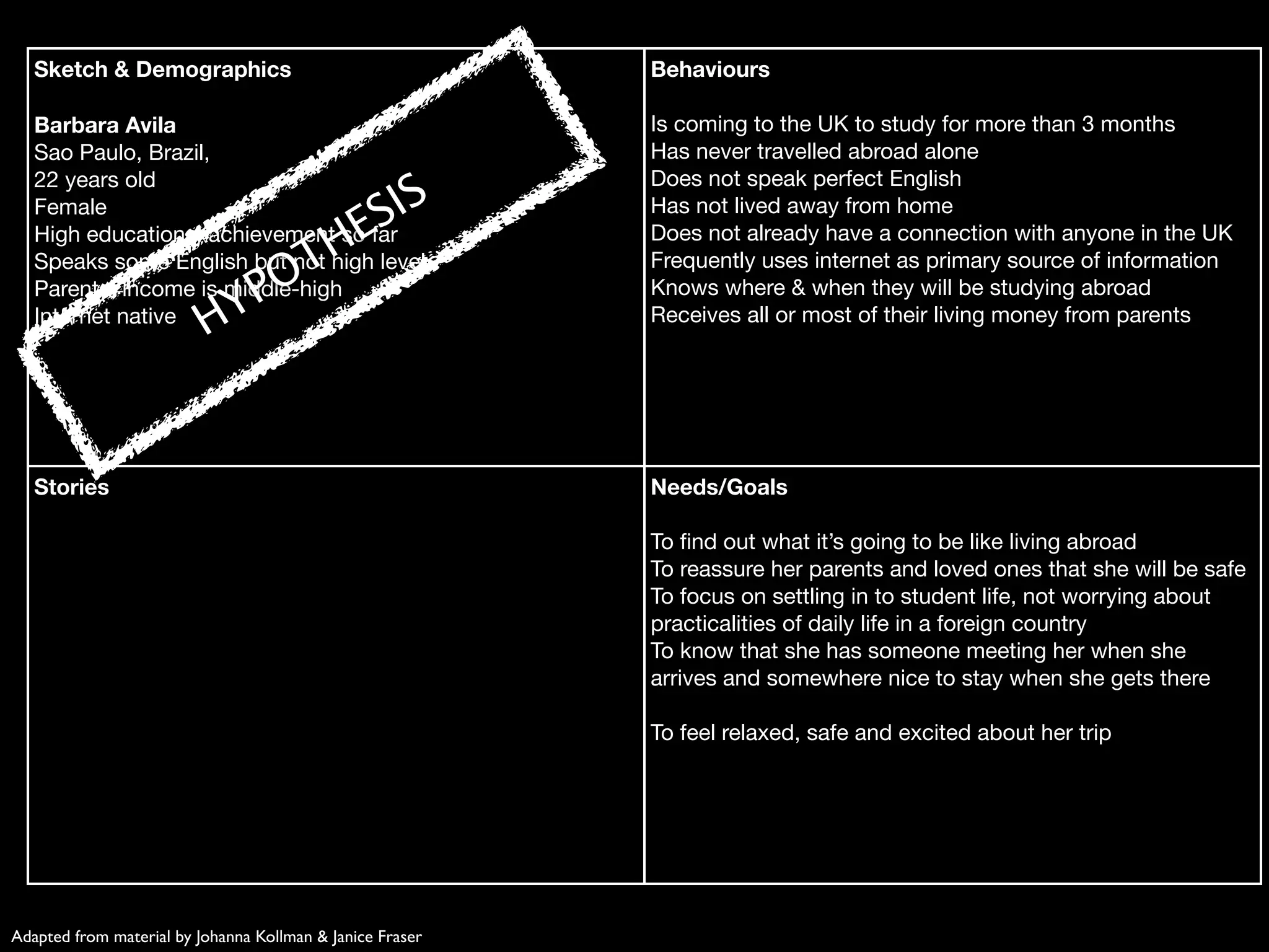 Sketch & Demographics                                   Behaviours

   Barbara Avila                                           Is coming to the UK to study for more than 3 months
   Sao Paulo, Brazil,                                      Has never travelled abroad alone
   22 years old                                            Does not speak perfect English
                                   IS
                                 ES
   Female                                                  Has not lived away from home

                               TH
   High educational achievement so far                     Does not already have a connection with anyone in the UK
   Speaks some English but not high level                  Frequently uses internet as primary source of information
                             PO
   Parental income is middle-high                          Knows where & when they will be studying abroad
   Internet native
                          HY                               Receives all or most of their living money from parents




   Stories                                                 Needs/Goals

                                                           To ﬁnd out what it’s going to be like living abroad
                                                           To reassure her parents and loved ones that she will be safe
                                                           To focus on settling in to student life, not worrying about
                                                           practicalities of daily life in a foreign country
                                                           To know that she has someone meeting her when she
                                                           arrives and somewhere nice to stay when she gets there

                                                           To feel relaxed, safe and excited about her trip




Adapted from material by Johanna Kollman & Janice Fraser
 