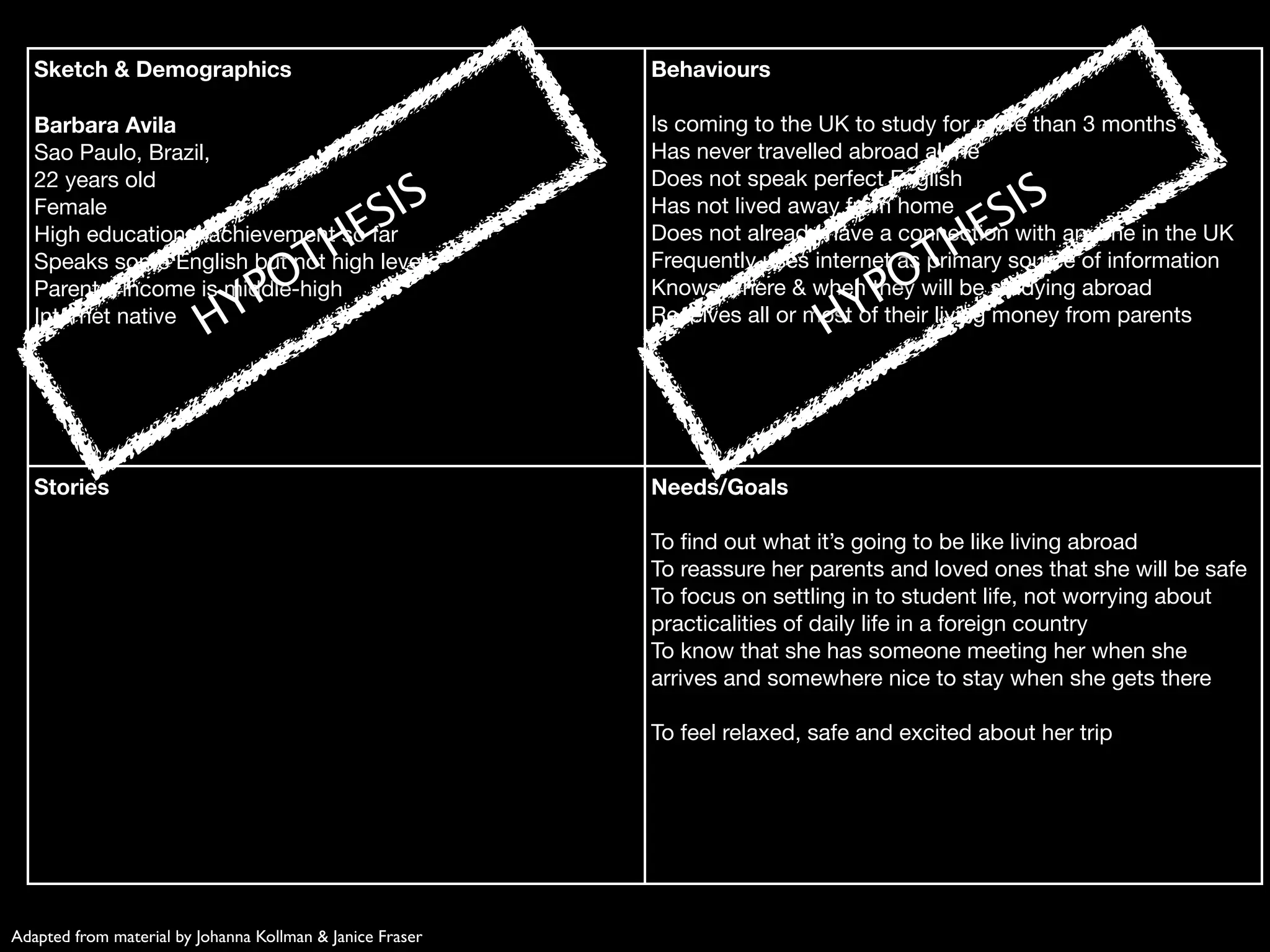 Sketch & Demographics                                   Behaviours

   Barbara Avila                                           Is coming to the UK to study for more than 3 months
   Sao Paulo, Brazil,                                      Has never travelled abroad alone
   22 years old                                            Does not speak perfect English
                                   IS                                                 IS
                                 ES                                                 ES
   Female                                                  Has not lived away from home

                               TH                                                 TH
   High educational achievement so far                     Does not already have a connection with anyone in the UK
   Speaks some English but not high level                  Frequently uses internet as primary source of information
                             PO
   Parental income is middle-high                                               PO
                                                           Knows where & when they will be studying abroad
   Internet native
                          HY                                                 HY
                                                           Receives all or most of their living money from parents




   Stories                                                 Needs/Goals

                                                           To ﬁnd out what it’s going to be like living abroad
                                                           To reassure her parents and loved ones that she will be safe
                                                           To focus on settling in to student life, not worrying about
                                                           practicalities of daily life in a foreign country
                                                           To know that she has someone meeting her when she
                                                           arrives and somewhere nice to stay when she gets there

                                                           To feel relaxed, safe and excited about her trip




Adapted from material by Johanna Kollman & Janice Fraser
 