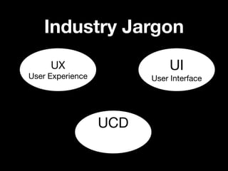 Industry Jargon
     UX                      UI
User Experience         User Interface




                  UCD
 
