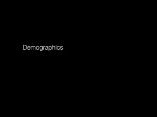 Demographics                     Behaviours
eg:                              eg:
Female                           Has been...