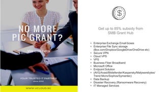 Get up to 85% subsidy from
SMB Grant Hub
• Enterprise Exchange Email boxes
• Enterprise File Sync storage
(Box.com/Dropbox/GoogleDrive/OneDrive etc)
• Secure VPN
• Cloud VPS
• VPS
• Business Fiber Broadband
• Microsoft Office
• Endpoint Solution
• (AVG/Avast/Bitdefender/Kaspersky/Malywarebytes/
Trend Micro/Sophos/Symantec)
• Data Backup
• Disaster Recovery (Ransomware Recovery)
• IT Managed Services
 
