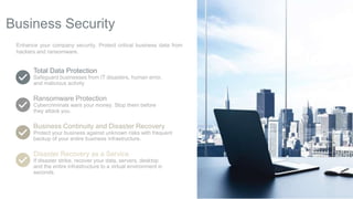Business Security
Enhance your company security. Protect critical business data from
hackers and ransomware.
Total Data Protection
Safeguard businesses from IT disasters, human error,
and malicious activity
Ransomware Protection
Cybercriminals want your money. Stop them before
they attack you.
Business Continuity and Disaster Recovery
Protect your business against unknown risks with frequent
backup of your entire business infrastructure.
Disaster Recovery as a Service
If disaster strike, recover your data, servers, desktop
and the entire infrastructure to a virtual environment in
seconds.
 
