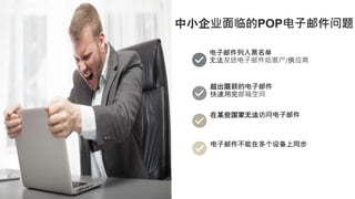中小企业面临的POP电子邮件问题
电子邮件列入黑名单
无法发送电子邮件给客户/供应商
超出限额的电子邮件
快速用完邮箱空间
在某些国家无法访问电子邮件
电子邮件不能在多个设备上同步
 