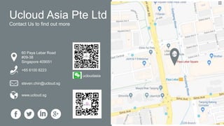 Contact Us to find out more
Ucloud Asia Pte Ltd
60 Paya Lebar Road
#09-38
Singapore 409051
steven.chin@ucloud.sg
www.ucloud.sg
+65 6100 8223
ucloudasia
 