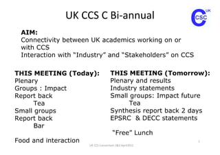 UK CCS C Bi-annual
 AIM:
 Connectivity between UK academics working on or
 with CCS
 Interaction with “Industry” and “Stakeholders” on CCS

THIS MEETING (Today):                THIS MEETING (Tomorrow):
Plenary                              Plenary and results
Groups : Impact                      Industry statements
Report back                          Small groups: Impact future
      Tea                                  Tea
Small groups                         Synthesis report back 2 days
Report back                          EPSRC & DECC statements
      Bar
                                       “Free” Lunch
Food and interaction                                         1
                       UK CCS Consortium 2&3 April2012
 