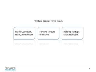 Venture capital: Three things

Market, product,
team, momentum

Fortune favours
the brave

Helping startups
takes real work

6

 
