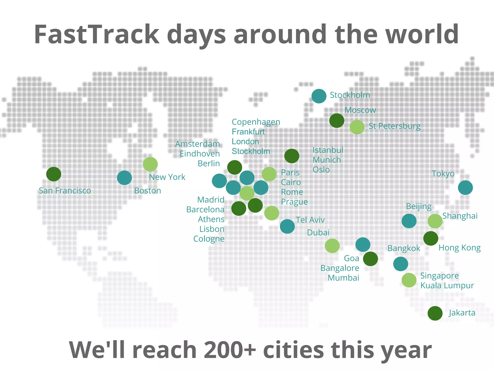 FastTrack days around the world
We'll reach 100+ cities this year
Beijing
Shanghai
New York
Boston
Copenhagen
Frankfurt
London
Stockholm
Amsterdam
Eindhoven
Berlin
Moscow
Goa
Bangalore
Mumbai
Hong Kong
Paris
Cairo
Rome
Prague
Istanbul
Munich
Oslo
Madrid
Barcelona
Athens
Lisbon
Cologne
Singapore
Kuala Lumpur
St Petersburg
Stockholm
San Francisco
Dubai
Tel Aviv
Jakarta
Tokyo
Bangkok
We'll reach 200+ cities this year
 