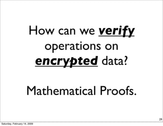 How can we verify
                         operations on
                        encrypted data?

                     Mat...