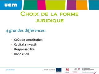 Cellule Starter Avec le soutien de
Choix de la forme
juridique
4 grandes différences:
- Coût de constitution
- Capital à investir
- Responsabilité
- Imposition
 
