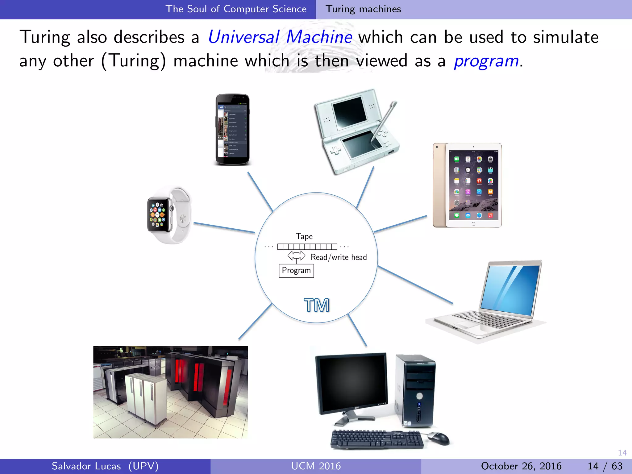 14
The Soul of Computer Science Turing machines
Turing also describes a Universal Machine which can be used to simulate
any other (Turing) machine which is then viewed as a program.
Salvador Lucas (UPV) UCM 2016 October 26, 2016 14 / 63
 