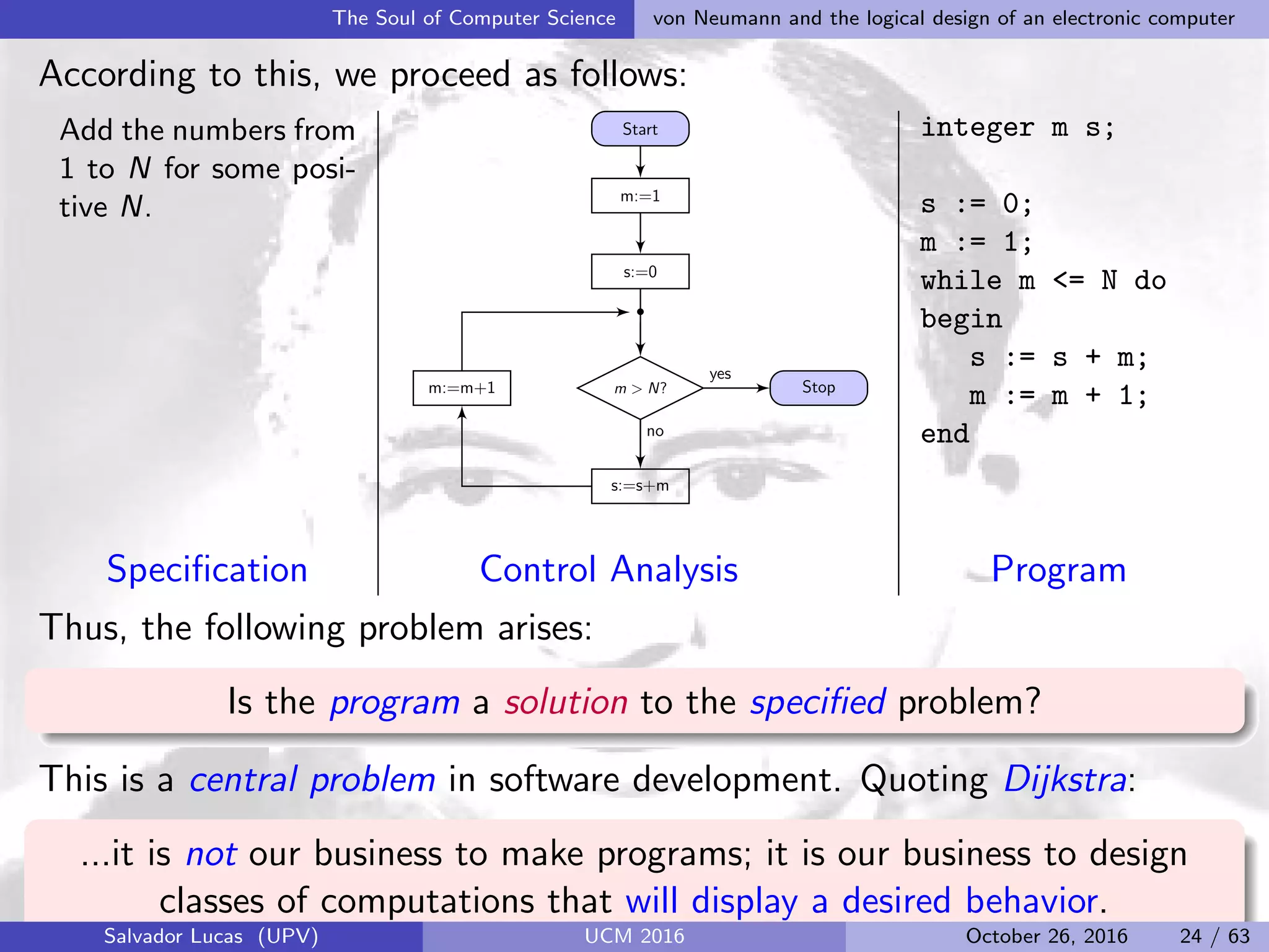 24
The Soul of Computer Science von Neumann and the logical design of an electronic computer
According to this, we proceed as follows:
Add the numbers from
1 to N for some posi-
tive N.
Start
m:=1
s:=0
•
m > N?
s:=s+m
m:=m+1 Stop
no
yes
integer m s;
s := 0;
m := 1;
while m <= N do
begin
s := s + m;
m := m + 1;
end
Speciﬁcation Control Analysis Program
Thus, the following problem arises:
Is the program a solution to the speciﬁed problem?
This is a central problem in software development. Quoting Dijkstra:
...it is not our business to make programs; it is our business to design
classes of computations that will display a desired behavior.
Salvador Lucas (UPV) UCM 2016 October 26, 2016 24 / 63
 