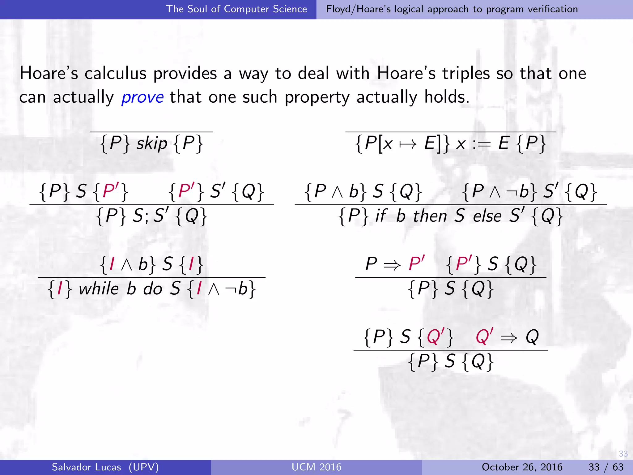 33
The Soul of Computer Science Floyd/Hoare’s logical approach to program veriﬁcation
Hoare’s calculus provides a way to deal with Hoare’s triples so that one
can actually prove that one such property actually holds.
{P} skip {P} {P[x → E]} x := E {P}
{P} S {P } {P } S {Q}
{P} S; S {Q}
{P ∧ b} S {Q} {P ∧ ¬b} S {Q}
{P} if b then S else S {Q}
{I ∧ b} S {I}
{I} while b do S {I ∧ ¬b}
P ⇒ P {P } S {Q}
{P} S {Q}
{P} S {Q } Q ⇒ Q
{P} S {Q}
Salvador Lucas (UPV) UCM 2016 October 26, 2016 33 / 63
 