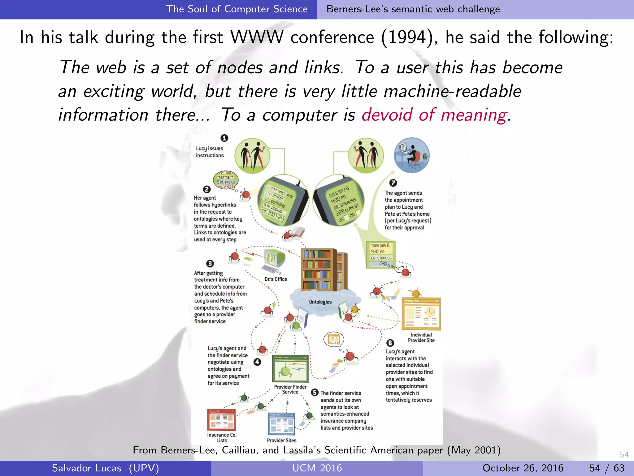 54
The Soul of Computer Science Berners-Lee’s semantic web challenge
In his talk during the ﬁrst WWW conference (1994), he said the following:
The web is a set of nodes and links. To a user this has become
an exciting world, but there is very little machine-readable
information there... To a computer is devoid of meaning.
From Berners-Lee, Cailliau, and Lassila’s Scientiﬁc American paper (May 2001)
Salvador Lucas (UPV) UCM 2016 October 26, 2016 54 / 63
 