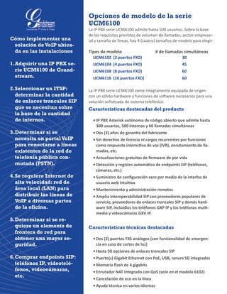 Opciones de modelo de la serie
UCM6100
La IP PBX serie UCM6100 admite hasta 500 usuarios. Sobre la base
de los requisitos previstos de volumen de llamadas, sector empresar-
ial y tamaño de líneas, hay 4 (cuatro) tamaños de modelo para elegir:
Tipos de modelo			 # de llamadas simultáneas
UCM6102 (2 puertos FXO)				 30
UCM6104 (4 puertos FXO)				 45
UCM6108 (8 puertos FXO)				 60
UCM6116 (16 puertos FXO)			 60
La IP PBX serie UCM6100 viene íntegramente equipada de origen
con un sólido hardware y funciones de software necesarios para una
solución sofisticada de sistema telefónico.
Características destacadas del producto
•	IP PBX Asterisk autónoma de código abierto que admite hasta
300 usuarios, 500 internos y 60 llamadas simultáneas
•	Dos (2) años de garantía del fabricante
•	Sin derechos de licencia ni cargos recurrentes por funciones
como respuesta interactiva de voz (IVR), enrutamiento de lla-
madas, etc.
•	Actualizaciones gratuitas de firmware de por vida
•	Detección y registro automático de endpoints SIP (teléfonos,
cámaras, etc.)
•	Suministro de configuración cero por medio de la interfaz de
usuario web intuitiva
•	Mantenimiento y administración remotos
•	Amplia interoperabilidad SIP con proveedores populares de
servicio, proveedores de enlaces troncales SIP y demás hard-
ware SIP, incluidlos los teléfonos GXP IP y los teléfonos multi-
media y videocámaras GXV IP.
Características técnicas destacadas
•	Dos (2) puertos FXS análogos (con funcionalidad de emergen-
cia en caso de cortes de luz)
•	Hasta 50 opciones de enlaces troncales SIP
•	Puerto(s) Gigabit Ethernet con PoE, USB, ranura SD integrados
•	Memoria flash de 4 gigabits
•	Enrutador NAT integrado con QoS (solo en el modelo 6102)
•	Cancelación de eco en la línea
•	Ayuda técnica en varios idiomas
Cómo implementar una
solución de VoIP ubica-
da en las instalaciones
1.	Adquirir una IP PBX se-
rie UCM6100 de Grand-
stream.
2.	Seleccionar un ITSP:
determinar la cantidad
de enlaces troncales SIP
que se necesitan sobre
la base de la cantidad
de internos.
3.	Determinar si se
necesita un portal VoIP
para conectarse a líneas
existentes de la red de
telefonía pública con-
mutada (PSTN).
4.	Se requiere Internet de
alta velocidad: red de
área local (LAN) para
distribuir las líneas de
VoIP a diversas partes
de la oficina.
5.	Determinar si se re-
quiere un elemento de
frontera de red para
obtener una mayor se-
guridad.
6.	Comprar endpoints SIP:
teléfonos IP, videotelé-
fonos, videocámaras,
etc.
 