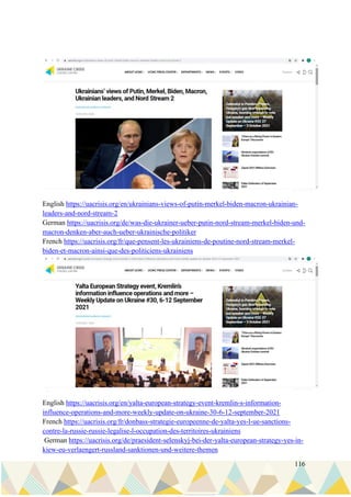 116
English https://uacrisis.org/en/ukrainians-views-of-putin-merkel-biden-macron-ukrainian-
leaders-and-nord-stream-2
German https://uacrisis.org/de/was-die-ukrainer-ueber-putin-nord-stream-merkel-biden-und-
macron-denken-aber-auch-ueber-ukrainische-politiker
French https://uacrisis.org/fr/que-pensent-les-ukrainiens-de-poutine-nord-stream-merkel-
biden-et-macron-ainsi-que-des-politiciens-ukrainiens
English https://uacrisis.org/en/yalta-european-strategy-event-kremlin-s-information-
influence-operations-and-more-weekly-update-on-ukraine-30-6-12-september-2021
French https://uacrisis.org/fr/donbass-strategie-europeenne-de-yalta-yes-l-ue-sanctions-
contre-la-russie-russie-legalise-l-occupation-des-territoires-ukrainiens
German https://uacrisis.org/de/praesident-selenskyj-bei-der-yalta-european-strategy-yes-in-
kiew-eu-verlaengert-russland-sanktionen-und-weitere-themen
 