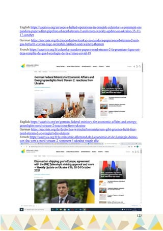 123
English https://uacrisis.org/en/osce-s-halted-operations-in-donetsk-zelenskyi-s-comment-on-
pandora-papers-first-pipeline-of-nord-stream-2-and-more-weekly-update-on-ukraine-35-11-
17-october
German https://uacrisis.org/de/praesident-selenskyj-zu-pandora-papers-nord-stream-2-mit-
gas-befuellt-corona-lage-weiterhin-kritisch-und-weitere-themen
French https://uacrisis.org/fr/zelensky-pandors-papers-nord-stream-2-la-premiere-ligne-est-
deja-remplie-de-gaz-l-ecologie-de-la-crimee-covid-19
English https://uacrisis.org/en/german-federal-ministry-for-economic-affairs-and-energy-
greenlights-nord-stream-2-reactions-from-ukraine
German https://uacrisis.org/de/deutsches-wirtschaftsministerium-gibt-gruenes-licht-fuer-
nord-stream-2-so-reagiert-die-ukraine
French https://uacrisis.org/fr/le-ministere-allemand-de-l-economie-et-de-l-energie-donne-
son-feu-vert-a-nord-stream-2-somment-l-ukraine-reagit-elle
 