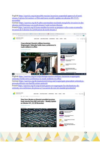 128
English https://uacrisis.org/en/possible-russian-incursion-suspended-approval-of-nord-
stream-2-prizes-for-sentsov-s-film-and-more-weekly-update-on-ukraine-40-15-21-
november
German https://uacrisis.org/de/8-jahre-euromaidan-russlands-moegliche-invasion-in-der-
ukraine-zertifizierung-von-nord-stream-2-und-weitere-themen
French https://uacrisis.org/fr/8-ans-maidan-la-russie-se-prepare-t-elle-a-une-eventuelle-
invasion-de-l-ukraine-la-certification-de-nord-stream-2
English https://uacrisis.org/en/coup-attempt-russia-s-military-incursion-wagnergate-
zelenskyi-holds-news-conference-to-mark-midterm-in-office
German https://uacrisis.org/de/staatsstreich-krieg-und-wagnergate-praesident-selenskyjs-
pressekonferenz-zur-haelfte-seiner-amtszeit
French https://uacrisis.org/fr/coup-d-etat-guerre-et-wagnergate-les-declarations-de-
zelensky-en-conference-de-presse-a-l-occasion-de-son-mi-mandat-presidentiel
 