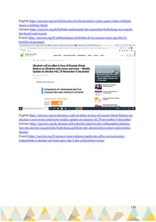 130
English https://uacrisis.org/en/hybrid-rules-for-the-kremlin-s-chess-game-what-s-behind-
russia-s-military-threat
German https://uacrisis.org/de/hybride-mathematik-der-russischen-bedrohung-was-macht-
der-kreml-und-warum
French https://uacrisis.org/fr/mathematiques-hybrides-de-la-menace-russe-que-fait-le-
kremlin-et-pourquoi
English https://uacrisis.org/en/ukraine-s-call-on-allies-in-face-of-russian-threat-belarus-as-
ukraine-s-next-worry-and-more-weekly-update-on-ukraine-42-29-november-5-december
German https://uacrisis.org/de/ukraine-will-schnelle-reaktion-der-verbuendeten-belarus-
fuer-die-ukraine-zusaetzliche-bedrohung-gefallene-der-ukrainischen-armee-und-weitere-
themen
French https://uacrisis.org/fr/menace-russe-reponse-rapide-des-allies-est-necessaire-
loukachenko-l-ukraine-est-notre-pays-top-5-des-cybercrimes-russes
 