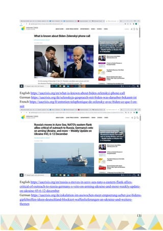 131
English https://uacrisis.org/en/what-is-known-about-biden-zelenskyi-phone-call
German https://uacrisis.org/de/selenskyjs-gespraech-mit-biden-was-darueber-bekannt-ist
French https://uacrisis.org/fr/entretien-telephonique-de-zelensky-avec-biden-ce-que-l-on-
sait
English https://uacrisis.org/en/russia-s-moves-in-azov-sea-nato-s-eastern-flank-allies-
critical-of-outreach-to-russia-germany-s-veto-on-arming-ukraine-and-more-weekly-update-
on-ukraine-43-6-12-december
German https://uacrisis.org/de/eskalation-im-asowschen-meer-empoerung-ueber-joe-bidens-
gipfeltreffen-ideen-deutschland-blockiert-waffenlieferungen-an-ukraine-und-weitere-
themen
 