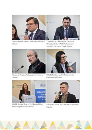 135
Dmytro Kuleba, Minister for Foreign Affairs of
Ukraine
Yegor Cherniev, Head of the Permanent
Delegation to the NATO Parliamentary
Assembly (Servant of People faction)
Etienne de Poncins, Ambassador of France to
Ukraine
Olha Pishanska, Head of Antimonopoly
Committee of Ukraine
Matilda Bogner, Head of UN Human Rights
Monitoring Mission in Ukraine
Serhiy Mokreniuk, head of CSO “Euromaidan-
Crimea”
 