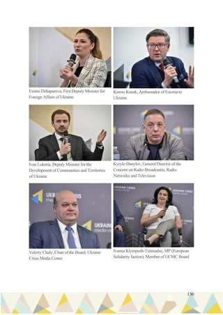 136
Emine Dzhaparova, First Deputy Minister for
Foreign Affairs of Ukraine
Kaimo Kuusk, Ambassador of Estonia to
Ukraine
Ivan Lukeria, Deputy Minister for the
Development of Communities and Territories
of Ukraine
Kyrylo Danylov, General Director of the
Concern on Radio Broadcastin, Radio
Networks and Television
Valeriy Chaly, Chair of the Board, Ukraine
Crisis Media Center
Ivanna Klympush-Tsintsadze, MP (European
Solidarity faction), Member of UCMC Board
 