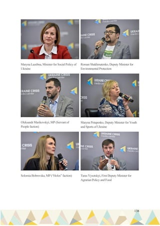 138
Maryna Lazebna, Minister for Social Policy of
Ukraine
Roman Shakhmatenko, Deputy Minister for
Environmental Protection
Oleksandr Marikovskyi, MP (Servant of
People faction)
Maryna Potapenko, Deputy Minister for Youth
and Sports of Ukraine
Solomia Bobrovska, MP (“Holos” faction) Taras Vysotskyi, First Deputy Minister for
Agrarian Policy and Food
 
