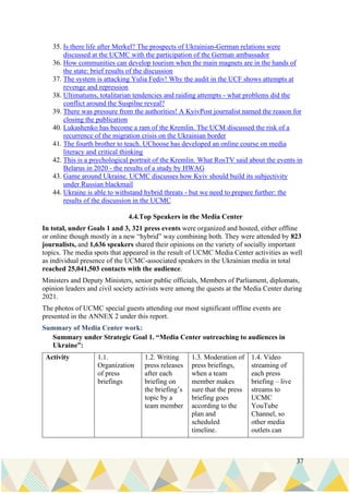 37
35. Is there life after Merkel? The prospects of Ukrainian-German relations were
discussed at the UCMC with the participation of the German ambassador
36. How communities can develop tourism when the main magnets are in the hands of
the state: brief results of the discussion
37. The system is attacking Yulia Fediv! Why the audit in the UCF shows attempts at
revenge and repression
38. Ultimatums, totalitarian tendencies and raiding attempts - what problems did the
conflict around the Suspilne reveal?
39. There was pressure from the authorities! A KyivPost journalist named the reason for
closing the publication
40. Lukashenko has become a ram of the Kremlin. The UCM discussed the risk of a
recurrence of the migration crisis on the Ukrainian border
41. The fourth brother to teach. UChoose has developed an online course on media
literacy and critical thinking
42. This is a psychological portrait of the Kremlin. What RosTV said about the events in
Belarus in 2020 - the results of a study by HWAG
43. Game around Ukraine. UCMC discusses how Kyiv should build its subjectivity
under Russian blackmail
44. Ukraine is able to withstand hybrid threats - but we need to prepare further: the
results of the discussion in the UCMC
4.4.Top Speakers in the Media Center
In total, under Goals 1 and 3, 321 press events were organized and hosted, either offline
or online though mostly in a new “hybrid” way combining both. They were attended by 823
journalists, and 1,636 speakers shared their opinions on the variety of socially important
topics. The media spots that appeared in the result of UCMC Media Center activities as well
as individual presence of the UCMC-associated speakers in the Ukrainian media in total
reached 25,041,503 contacts with the audience.
Ministers and Deputy Ministers, senior public officials, Members of Parliament, diplomats,
opinion leaders and civil society activists were among the quests at the Media Center during
2021.
The photos of UCMC special guests attending our most significant offline events are
presented in the ANNEX 2 under this report.
Summary of Media Center work:
Summary under Strategic Goal 1. “Media Center outreaching to audiences in
Ukraine”:
Activity 1.1.
Organization
of press
briefings
1.2. Writing
press releases
after each
briefing on
the briefing’s
topic by a
team member
1.3. Moderation of
press briefings,
when a team
member makes
sure that the press
briefing goes
according to the
plan and
scheduled
timeline.
1.4. Video
streaming of
each press
briefing – live
streams to
UCMC
YouTube
Channel, so
other media
outlets can
 
