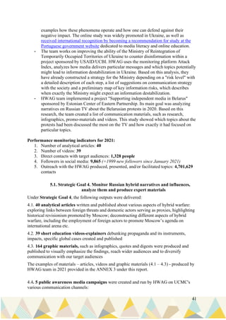41
examples how these phenomena operate and how one can defend against their
negative impact. The online study was widely promoted in Ukraine, as well as
received international recognition by becoming a recommendation for study at the
Portuguese government website dedicated to media literacy and online education.
- The team works on improving the ability of the Ministry of Reintegration of
Temporarily Occupied Territories of Ukraine to counter disinformation within a
project sponsored by USAID/UCBI. HWAG uses the monitoring platform Attack
Index, analyzes how media delivers particular messages and which topics potentially
might lead to information destabilization in Ukraine. Based on this analysis, they
have already constructed a strategy for the Ministry depending on a "risk level" with
a detailed description of each step, a list of suggestions on communication strategy
with the society and a preliminary map of key information risks, which describes
when exactly the Ministry might expect an information destabilization.
- HWAG team implemented a project "Supporting independent media in Belarus"
sponsored by Estonian Center of Eastern Partnership. Its main goal was analyzing
narratives on Russian TV about the Belarusian protests in 2020. Based on this
research, the team created a list of communication materials, such as research,
infographics, promo-materials and videos. This study showed which topics about the
protests had been discussed the most on the TV and how exactly it had focused on
particular topics.
Performance monitoring indicators for 2021:
1. Number of analytical articles: 40
2. Number of videos: 39
3. Direct contacts with target audiences: 1,328 people
4. Followers in social media: 9,865 (+1999 new followers since January 2021)
5. Outreach with the HWAG produced, presented, and/or facilitated topics: 4,701,629
contacts
5.1. Strategic Goal 4. Monitor Russian hybrid narratives and influences,
analyze them and produce expert materials
Under Strategic Goal 4, the following outputs were delivered:
4.1. 40 analytical articles written and published about various aspects of hybrid warfare:
exploring links between foreign threats and domestic actors serving as proxies, highlighting
historical revisionism promoted by Moscow; deconstructing different aspects of hybrid
warfare, including the employment of foreign actors to promote Moscow’s agenda on
international arena etc.
4.2. 39 short education videos-explainers debunking propaganda and its instruments,
impacts, specific global cases created and published
4.3. 164 graphic materials, such as infographics, quotes and digests were produced and
published to visually emphasize the findings, reach wider audiences and to diversify
communication with our target audiences
The examples of materials – articles, videos and graphic materials (4.1 – 4.3) - produced by
HWAG team in 2021 provided in the ANNEX 3 under this report.
4.4. 5 public awareness media campaigns were created and run by HWAG on UCMC's
various communication channels:
 