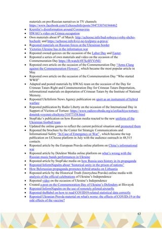 63
materials on pro-Russian narratives in TV channels
https://www.facebook.com/UchooseInfo/posts/3947330741944462
• Kremlin’s disinformation around Coronavirus
• HWAG’s video on Crimea occupation
• Own materials about 8th
of March: http://uchoose.info/bud-soboyu-i-roby-shcho-
hochesh/ and https://uchoose.info/kviz-ne-tyulpany-a-prava/
• Reposted materials on Russian forces at the Ukrainian border
• Victories Ukraine has in the information war
• Reposted owned quizzes on the occasion of the Labor Day and Easter.
• Reposted a series of own materials and video on the occasion of the
Commemoration Day https://fb.watch/4YXcHVVrNE/
• Reposted own article on the occasion of the Commemoration Day “Arms Clang
against the Commemoration Flowers”, which became the most popular article in
May
• Reposted own article on the occasion of the Commemoration Day “Who started
WWII”
• Adapted and posted materials by HWAG team on the occasion of the Day for
Crimean Tatars Right and Commemoration Day for Crimean Tatars Deportation,
informational materials on deportation of Crimean Tatars by the Institute of National
Memory.
• Reposted UkrInform News Agency publication on sport as an instrument of hybrid
warfare
• Reposted publication by Radio Liberty on the occasion of the International Day in
Support of Victims of Torture: https://www.radiosvoboda.org/a/izoliachiya-tortury-
donetsk-voyenni-zlochyny/31077158.html
• StopFake’s publication on how Russian media reacted to the new uniform of the
Ukrainian football team
• Updated the online games to reflect the current political situation and promoted them
• Reposted the brochure by the Center for Strategic Communications and
Informational Safety “In Case of Emergency or War” , which became the top
publication on UChoose platform in July with the audience outreach in 48,515
contacts.
• Reposted article by the European Pravda online platform on China’s informational
war
• Reposted article by Detektor Media online platform on what’s wrong with the
Russian music bands performances in Ukraine
• Reposted article by StopFake media on how Russia uses history in its propaganda
• Reposted InformNapalm about “historical unity in the prison of nations”
• How Belorussian propaganda promotes hybrid attacks on Lithuania
• Reposted article by the Historical Truth (Istorychna Pravda) online media with
analysis of the official celebrations of Ukraine’s Independence
• Reposted video on the occasion of Ukraine’s Independence
• Created a post on the Commemoration Day of Ukraine’s Defenders at Illovaysk
• Reposted InformNapalm on the use of remotely piloted airctarfts
• Reposted theBabel on how to read COVID19-related statistical data correctly
• Reposted Ukranian Pravda material on what's worse: the effects of COVID-19 or the
side effects of the vaccine?
 