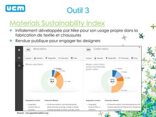 Outil 3
Materials Sustainability Index
Initialement développée par Nike pour son usage propre dans la
fabrication de textile et chaussures
Rendue publique pour engager les designers
Source : msi.apparelcoalition.org
 