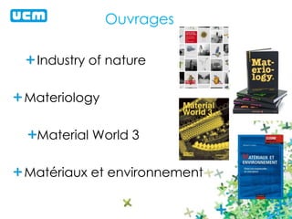 Ouvrages
Industry of nature
Materiology
Material World 3
Matériaux et environnement
 