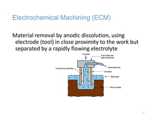 Electrochemical Machining (ECM)
Material removal by anodic dissolution, using
electrode (tool) in close proximity to the work but
separated by a rapidly flowing electrolyte
26
 