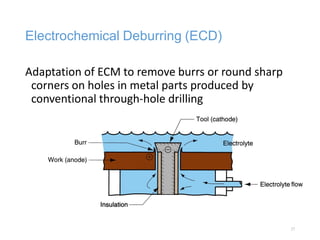 Electrochemical Deburring (ECD)
Adaptation of ECM to remove burrs or round sharp
corners on holes in metal parts produced by
conventional through-hole drilling
27
 