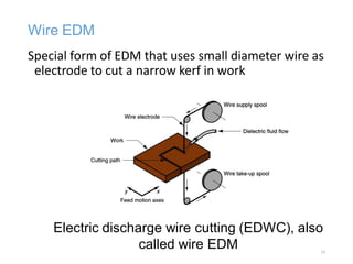 Wire EDM
Special form of EDM that uses small diameter wire as
electrode to cut a narrow kerf in work
Electric discharge wire cutting (EDWC), also
called wire EDM 34
 