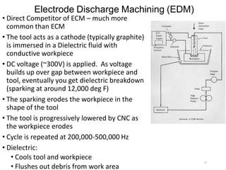 Electrode Discharge Machining (EDM)
• Direct Competitor of ECM – much more
common than ECM
• The tool acts as a cathode (typically graphite)
is immersed in a Dielectric fluid with
conductive workpiece
• DC voltage (~300V) is applied. As voltage
builds up over gap between workpiece and
tool, eventually you get dielectric breakdown
(sparking at around 12,000 deg F)
• The sparking erodes the workpiece in the
shape of the tool
• The tool is progressively lowered by CNC as
the workpiece erodes
• Cycle is repeated at 200,000-500,000 Hz
• Dielectric:
• Cools tool and workpiece
• Flushes out debris from work area
35
 