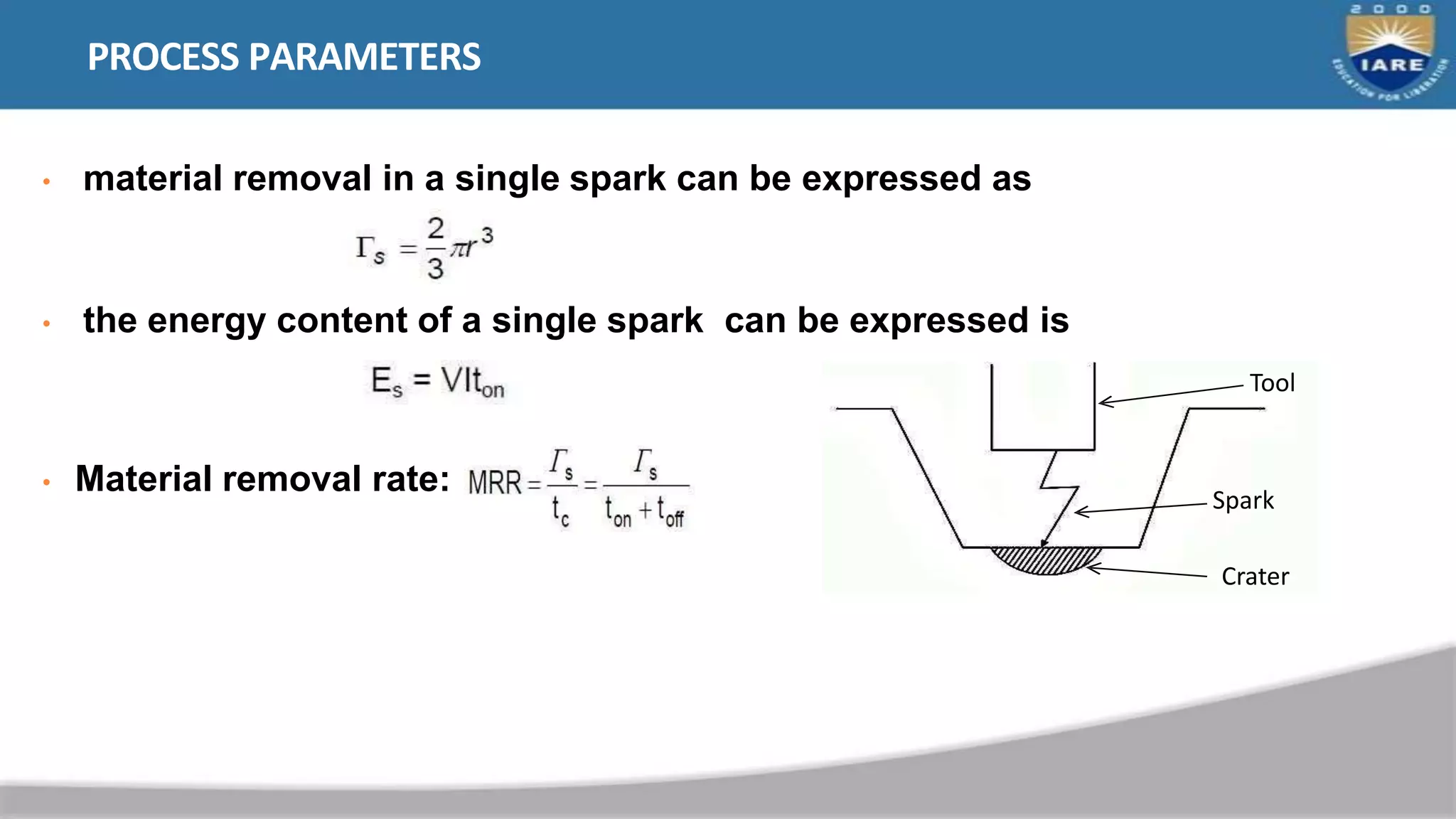 • material removal in a single spark can be expressed as
• the energy content of a single spark can be expressed is
PROCESS PARAMETERS
• Material removal rate:
Tool
Spark
Crater
 