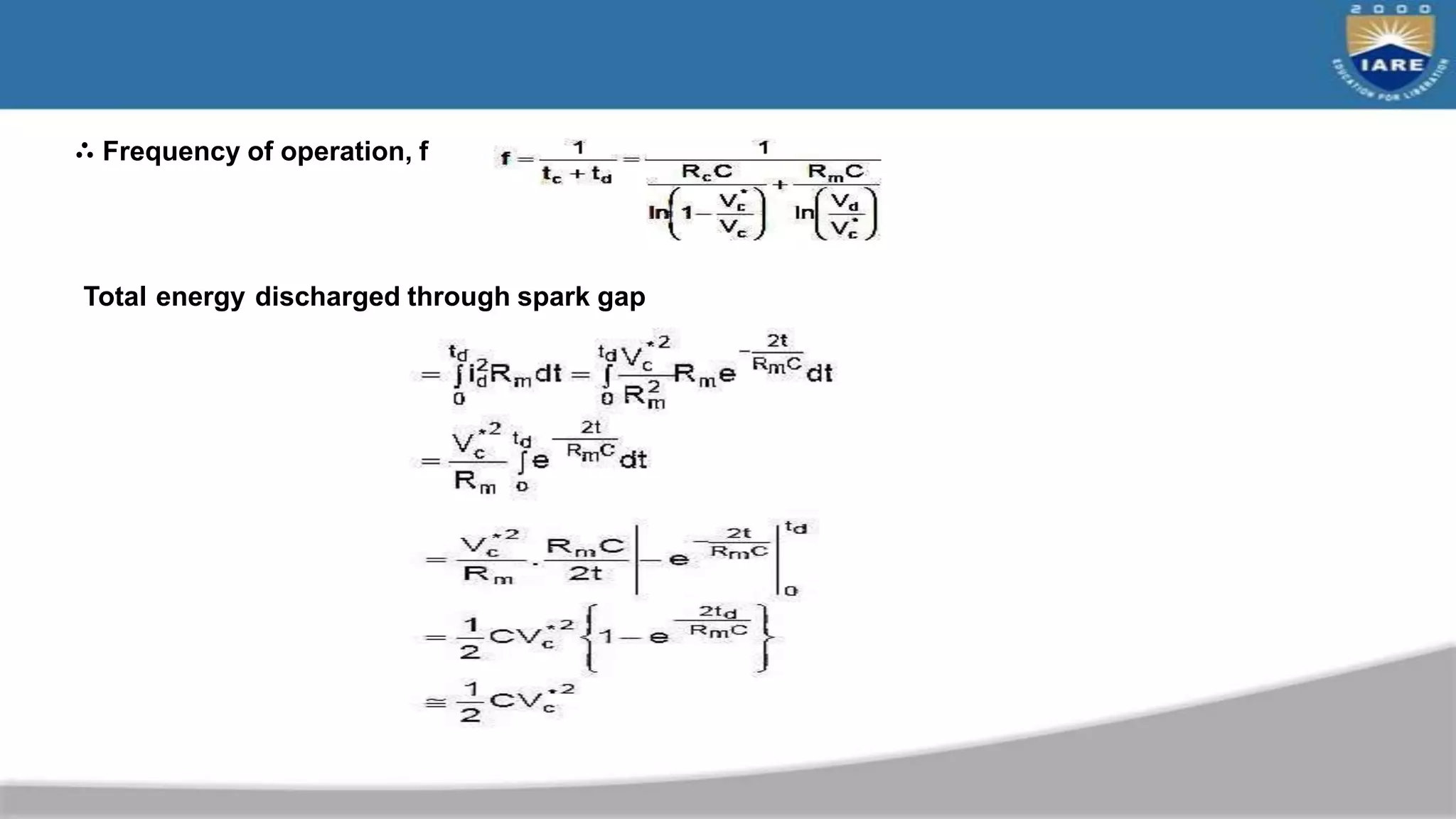 ∴ Frequency of operation, f
Total energy discharged through spark gap
 