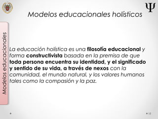 18
Modeloseducacionales
La educación holística es una filosofía educacional y
forma constructivista basada en la premisa de que
toda persona encuentra su identidad, y el significado
y sentido de su vida, a través de nexos con la
comunidad, el mundo natural, y los valores humanos
tales como la compasión y la paz.
Modelos educacionales holísticos
 