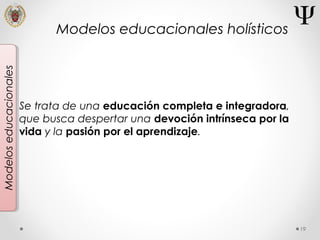 19
Modeloseducacionales
Se trata de una educación completa e integradora,
que busca despertar una devoción intrínseca por la
vida y la pasión por el aprendizaje.
Modelos educacionales holísticos
 