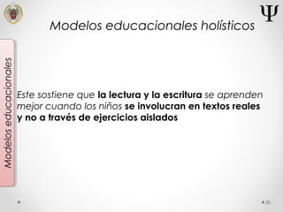 30
Modeloseducacionales
Este sostiene que la lectura y la escritura se aprenden
mejor cuando los niños se involucran en textos reales
y no a través de ejercicios aislados
Modelos educacionales holísticos
 