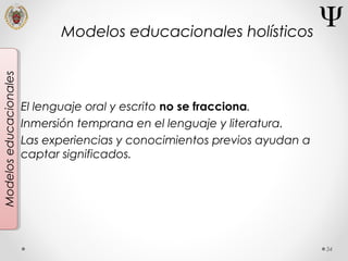 34
Modeloseducacionales
El lenguaje oral y escrito no se fracciona.
Inmersión temprana en el lenguaje y literatura.
Las experiencias y conocimientos previos ayudan a
captar significados.
Modelos educacionales holísticos
 