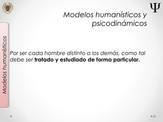 39
Modeloshumanísticos
Por ser cada hombre distinto a los demás, como tal
debe ser tratado y estudiado de forma particular.
Modelos humanísticos y
psicodinámicos
 