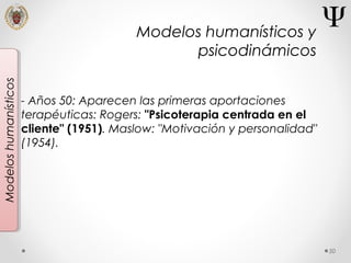 50
Modeloshumanísticos
- Años 50: Aparecen las primeras aportaciones
terapéuticas: Rogers: "Psicoterapia centrada en el
cliente" (1951). Maslow: "Motivación y personalidad"
(1954).
Modelos humanísticos y
psicodinámicos
 