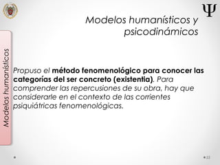 55
Modeloshumanísticos
Propuso el método fenomenológico para conocer las
categorías del ser concreto (existentia). Para
comprender las repercusiones de su obra, hay que
considerarle en el contexto de las corrientes
psiquiátricas fenomenológicas.
Modelos humanísticos y
psicodinámicos
 