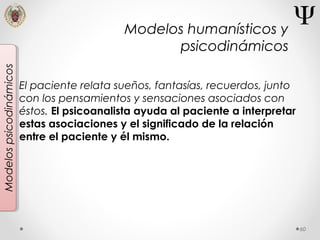 60
Modelospsicodinámicos
El paciente relata sueños, fantasías, recuerdos, junto
con los pensamientos y sensaciones asociados con
éstos. El psicoanalista ayuda al paciente a interpretar
estas asociaciones y el significado de la relación
entre el paciente y él mismo.
Modelos humanísticos y
psicodinámicos
 