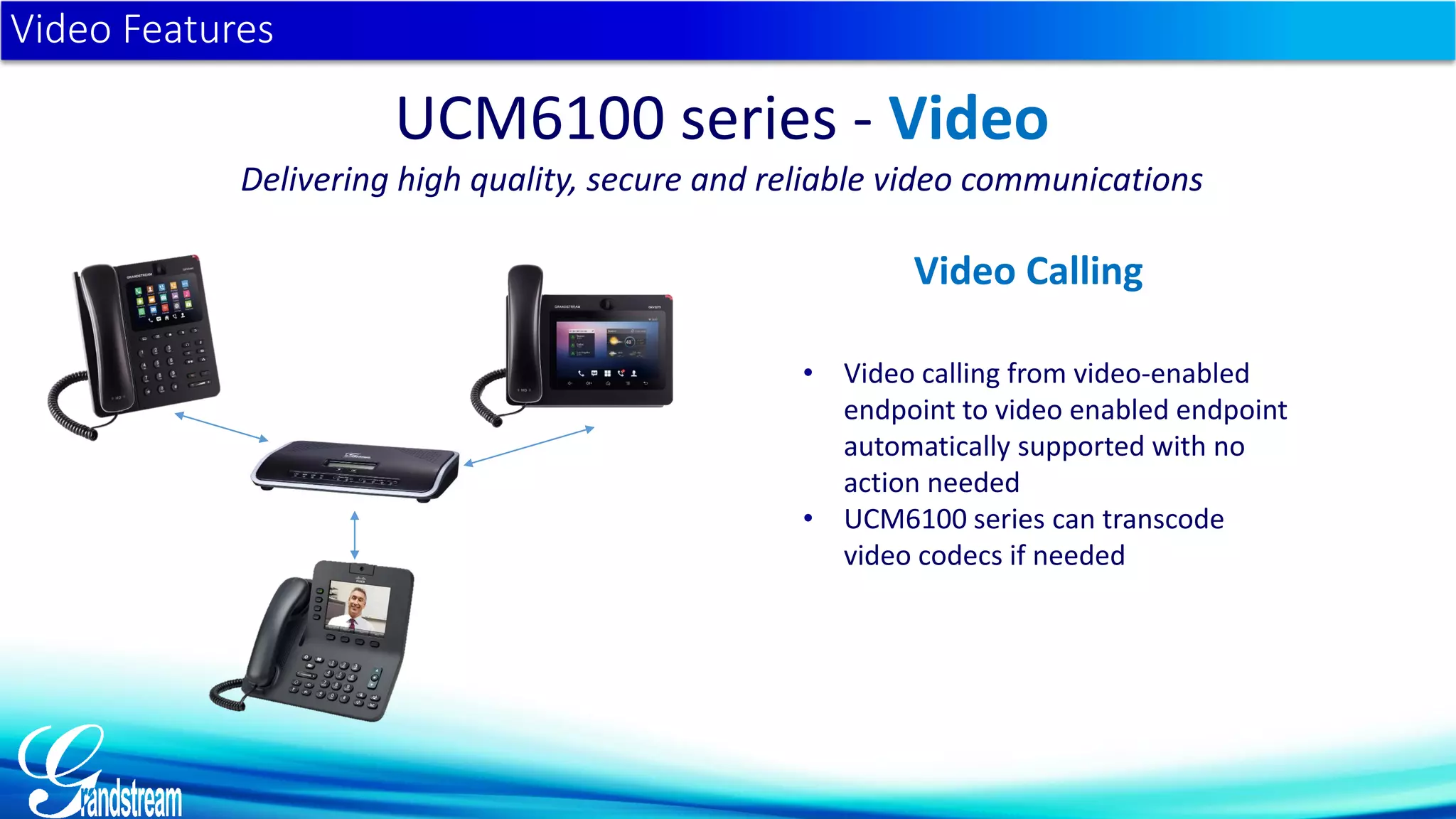 • Video calling from video-enabled
endpoint to video enabled endpoint
automatically supported with no
action needed
• UCM6100 series can transcode
video codecs if needed
Video Features
UCM6100 series - Video
Delivering high quality, secure and reliable video communications
Video Calling
 