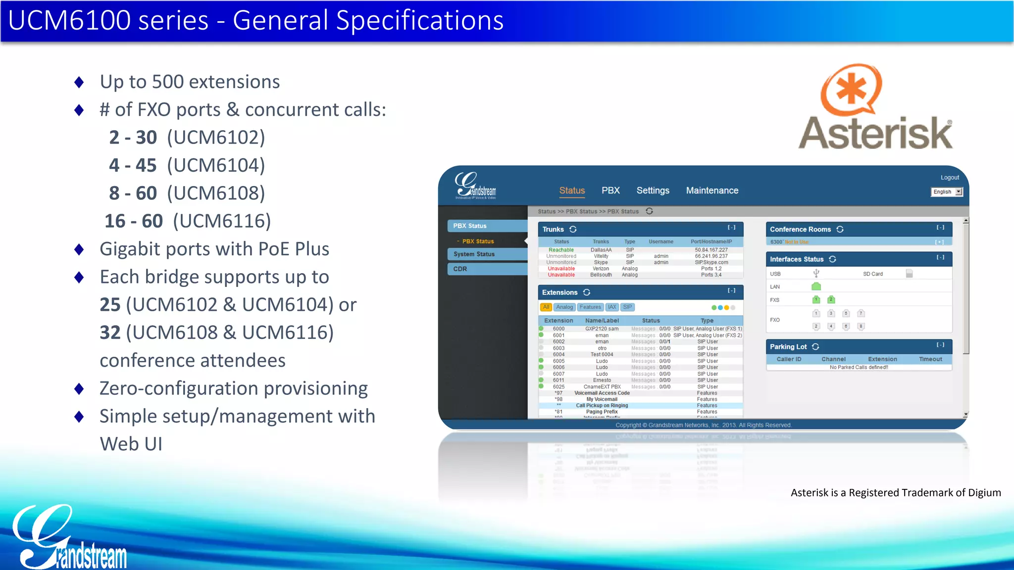  Up to 500 extensions
 # of FXO ports & concurrent calls:
2 - 30 (UCM6102)
4 - 45 (UCM6104)
8 - 60 (UCM6108)
16 - 60 (UCM6116)
 Gigabit ports with PoE Plus
 Each bridge supports up to
25 (UCM6102 & UCM6104) or
32 (UCM6108 & UCM6116)
conference attendees
 Zero-configuration provisioning
 Simple setup/management with
Web UI
UCM6100 series - General Specifications
Asterisk is a Registered Trademark of Digium
 